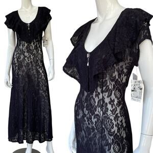 Vintage 90’s Witchy Goth 30’s Inspired Stretchy Black Lace Dress With Cameo Pin